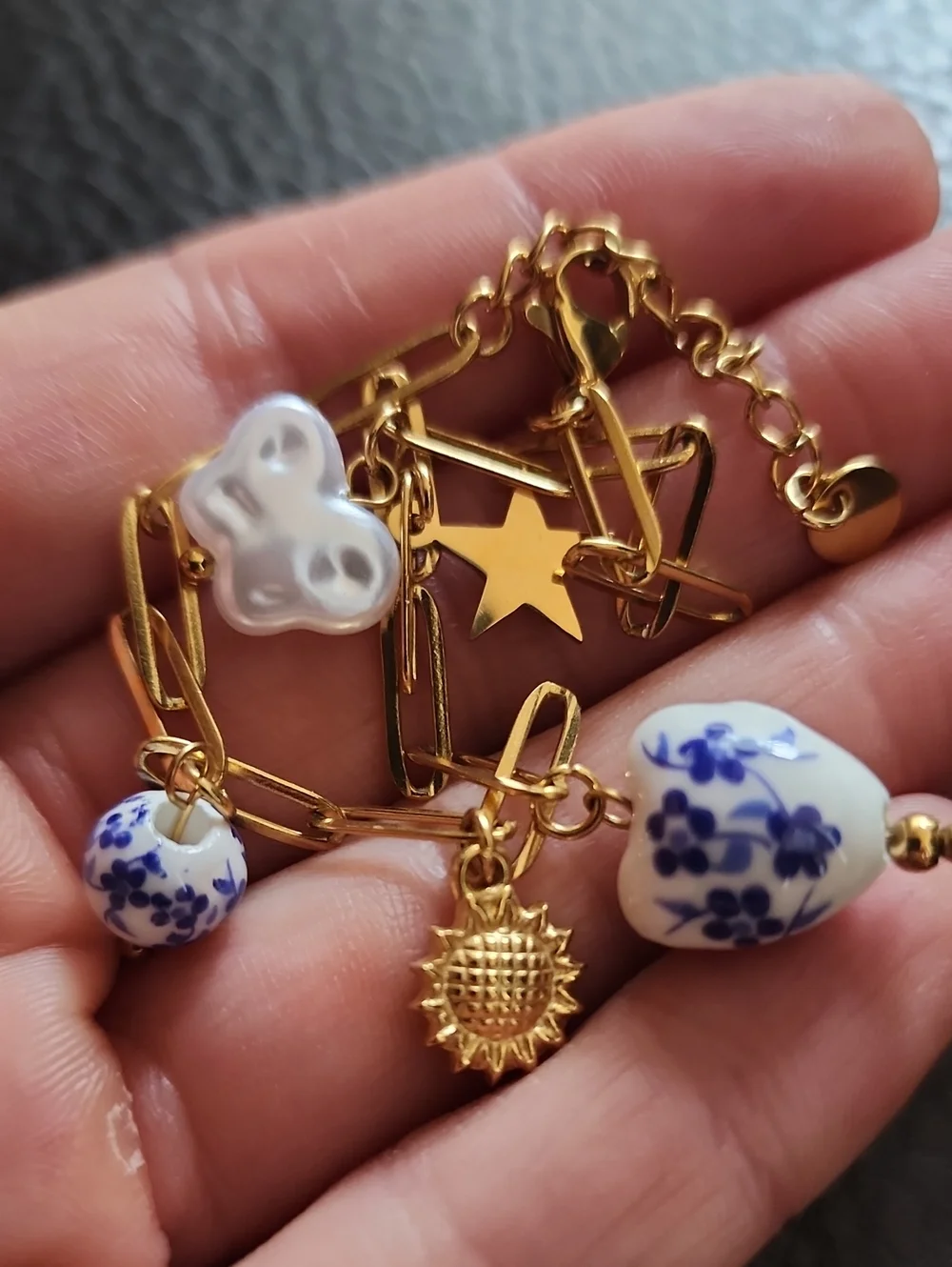 Gold Tone Stainless Steel Chain Bracelet with Blue Floral Porcelain Charms